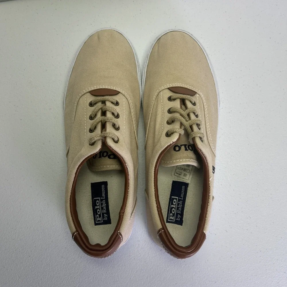 Polo Ralph Lauren Vaughn Low Top Canvas Shoes Size 6.5 Beige Tan Leather Trim